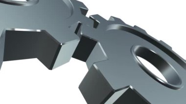 Gümüş dişli tekerlekler birbirine kenetlendi. Dönen iki metal dişli çarklar. 3 boyutlu canlandırma konsepti arka plan animasyonu. İlerleme, süreç ve takım çalışması kavramı. Alfa ile beyaz arkaplan