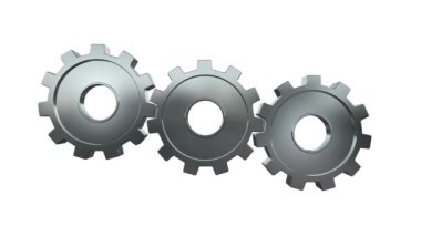 Üç adet gümüş dönme dişli, dişli tekerlekler beyaz arka planda alfa kanallı izole edilmiş. Metal şanzıman birlikte döner. Metalik saat veya şanzıman dönüyor. Sembol: