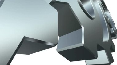 Metal dişliler birbirine kenetlenerek döner. Üç gümüş dişli çark, dişli çarklar alfa kanallı beyaz arka planda izole edilmiş. Endüstriyel mühendislik, 3 boyutlu tasarım, hareket tasarımı