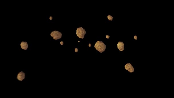 陨石的计算机图形在黑色孤立的背景上飞行和旋转 3D渲染了小行星 恒星或有陨石坑在宇宙中飞行的行星运动的动画 — 图库视频影像
