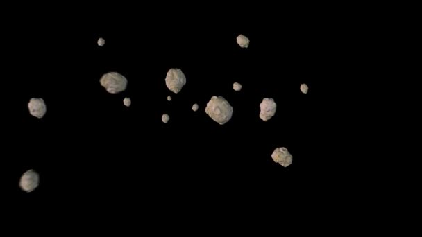 Computer Grafica Pietre Meteorite Che Volano Ruotano Sfondo Nero Isolato — Video Stock