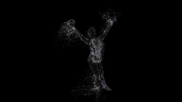 女体操运动员从颗粒的轮廓 表演技巧与球在黑色孤立的背景 用水滴和水花对运动员进行三维计算机绘图 女杂技演员全部到位 — 图库视频影像