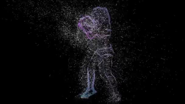 シルエットの女性の動きの粒子 黒の隔離されたスタジオの背景にボクシング ウォータードロップとスプラッシュからアスリートの3Dレンダリングコンピュータグラフィックス 全長女子ボクサーとして — ストック動画