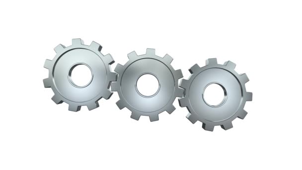 Rendering Three Silver Gears Turning Together Isolated White Background Alpha — Stock Video