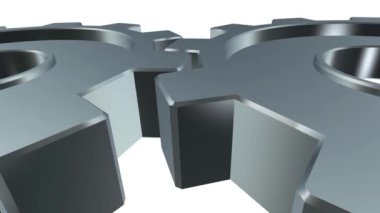 İki vitesi döndürme mekanizması, alfa kanalı ile beyaz arka planda izole edilmiş gümüş çarkların üç boyutlu canlandırması. Saat mekanizması devrede. Metalik çark sistemi birlikte dönüyor