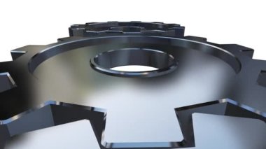 Gümüş dişlilerin alfa kanalı ile beyaz zemin üzerinde birleşmesi 3 boyutlu görüntüleme. Metal çark, saat mekanizması, şanzıman mekanizması dönüyor. Endüstriyel ve takım çalışması için. Kapat.