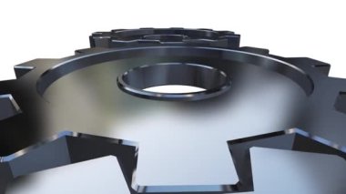 Gümüş dişlilerin alfa kanalı ile beyaz zemin üzerinde birleşmesi 3 boyutlu görüntüleme. Metal çark, saat mekanizması, şanzıman mekanizması dönüyor. Endüstriyel ve takım çalışması için. Kapat.