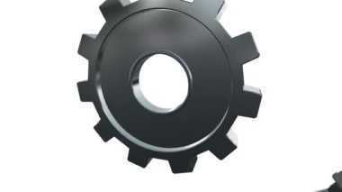 Metal dişliler birbirine kenetlenerek döner. Üç gümüş dişli çark, dişli çarklar alfa kanallı beyaz arka planda izole edilmiş. Endüstriyel mühendislik, 3 boyutlu tasarım, hareket tasarımı