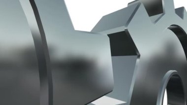 Üç boyutlu dişli çarklar üst üste dizilmiş. Gümüş dönen dişli tekerlek, dişli çarklar alfa kanallı beyaz arka planda izole edilmiş. Metalik saat veya şanzıman dönüyor. Sembol: