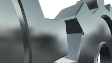 Üç boyutlu dişli çarklar üst üste dizilmiş. Gümüş dönen dişli tekerlek, dişli çarklar alfa kanallı beyaz arka planda izole edilmiş. Metalik saat veya şanzıman dönüyor. Sembol: