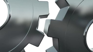 Üç boyutlu dişli çarklar üst üste dizilmiş. Gümüş dönen dişli tekerlek, dişli çarklar alfa kanallı beyaz arka planda izole edilmiş. Metalik saat veya şanzıman dönüyor. Sembol: