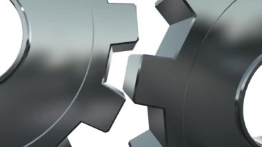 Üç boyutlu dişli çarklar üst üste dizilmiş. Gümüş dönen dişli tekerlek, dişli çarklar alfa kanallı beyaz arka planda izole edilmiş. Metalik saat veya şanzıman dönüyor. Sembol: