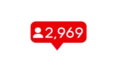Takip sayacı kullanıcı arayüzü ile canlandırmayı hızla artırır. Sosyal medya sayacı. Kırmızı abonelik simgesi beyaz arkaplanda alfa kanalıyla canlandırıldı. Sayım numarası, karşı bildirim işareti