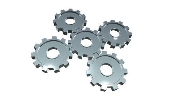 Rendering Five Silver Rotating Gear Wheels Cogs Isolated White Background — Stock Video