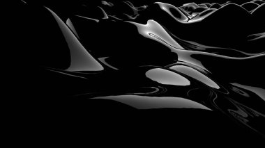 Siyah su dalgası mermer yüzeyinin 3 boyutlu görüntüsü. Parlak yansıtıcı deniz veya dalgalı okyanus yüzey dokusunun geometrik bilgisayar grafik arka planı. Petrol sızıntısı. Sıvının sarsıcı formu