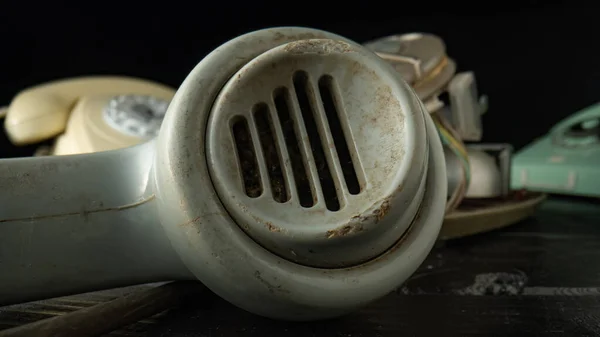 Tube White Old Rotary Landline Phone Black Background Macro Shot — Stock Photo, Image