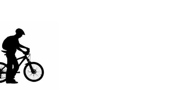 Вид Збоку Чорний Силует Велосипедиста Рюкзаком Ізольовано Білому Тлі Альфа — стокове відео