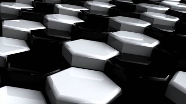 Parlak, parlak bal peteklerinin siyah ve beyaz geometrik yüzeyi. Yansıtıcı altıgenlerin üç boyutlu görüntülenmesi grafik desende birbirine bağlanır. Ekran koruyucu, sunum için bilgisayar geometrik arka planı