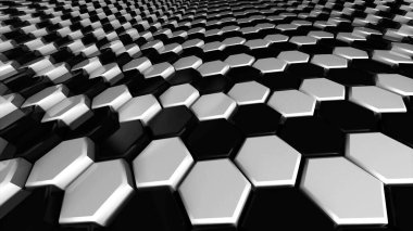 Parlak, parlak bal peteklerinin siyah ve beyaz geometrik yüzeyi. Yansıtıcı altıgenlerin üç boyutlu görüntülenmesi grafik desende birbirine bağlanır. Ekran koruyucu, sunum için bilgisayar geometrik arka planı