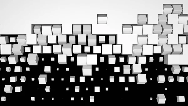 黒の背景に隔離された立方体に白い壁の断片化の3Dレンダリング 粉砕と画面スワイプブロックの幾何学的なパターン プレゼンテーションのためのハイテク遷移スクリーンセーバー — ストック写真