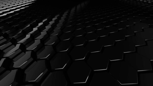 Black geometric surface of glossy shiny honeycombs. 3D rendering of reflective hexagons connected together in graphic pattern. Computer geometric background for screensaver, presentation or wallpaper