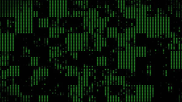 黒の背景に異なるサイズの緑のドットの色の3Dレンダリングの背景 ピクセルの抽象的なスポットと色幾何学的なコンピュータグラフィックスの背景 ポイント付きデジタルモザイクパターン — ストック写真