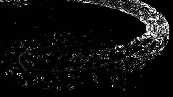 3D rendering simulation of water flow with drops and splashes on black background with alpha matte. Computer graphics of a real vortex flow of liquid swirling into a spiral. Circular swirl of