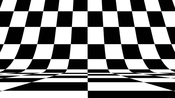 Background of curved geometric black and white checkerboard pattern. 3D rendering of a checkered computer graphics. Flat simple racing flag background made of black and white squares. Digital design