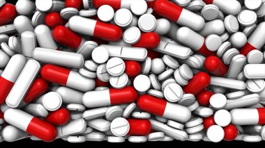 İlaç kapsülleri ve haplar yığını. Parlak yüzeyli kırmızı ve beyaz tıbbi kapsüllerin ya da tabletlerin gerçekçi üç boyutlu yorumlanması. İlaç tedavisinin bilgisayar grafikleri. Tıbbi ilaçlar, vitaminler veya