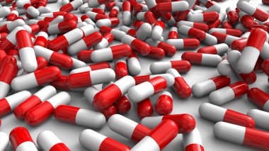 Beyaz izole edilmiş arka planda ilaç kapsülleri yığını. Parlak yüzeyli kırmızı ve beyaz tıbbi kapsüllerin gerçekçi üç boyutlu yansıması. İlaç tedavisinin bilgisayar grafikleri. Tıbbi ilaçlar, vitaminler veya
