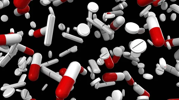Rendering Realistico Capsule Mediche Pillole Che Cadono Sfondo Nero Isolato — Foto Stock
