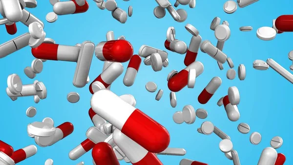 Rendering Realistico Capsule Mediche Pillole Che Cadono Sfondo Blu Isolato — Foto Stock