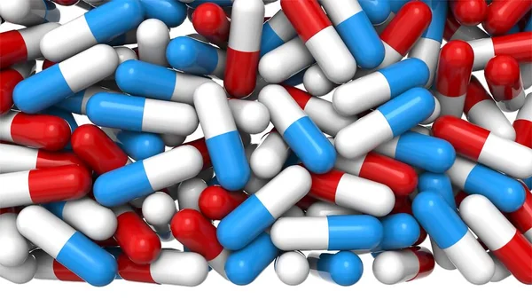Beyaz arka planda ilaç kapsülleri yığını. Pırıl pırıl yüzeyi olan kırmızı, mavi ve beyaz tıbbi kapsüllerin gerçekçi üç boyutlu yansıması. İlaç tedavisinin bilgisayar grafikleri. Tıbbi ilaçlar, vitaminler veya