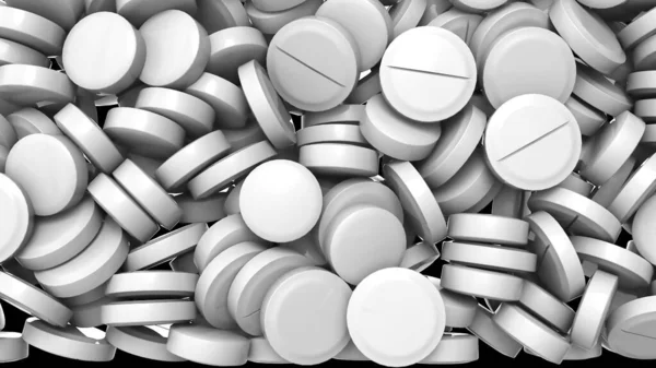 黒の背景に白い丸薬の3Dレンダリング 光沢のある表面を持つ医療用タブレットのコンピュータグラフィックス 医薬品 ビタミンや抗生物質 コロナウイルス治療 健康の概念 — ストック写真