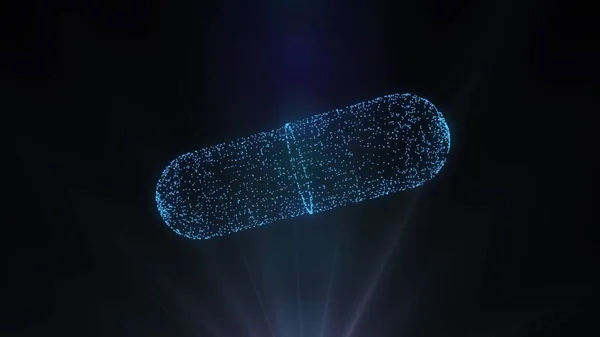 黒色の背景にバックライトで隔離された医薬品カプセル状の青色粒子のホログラム 医薬品 ビタミンや抗生物質の3Dレンダリング 薬のコンピュータグラフィックス — ストック写真