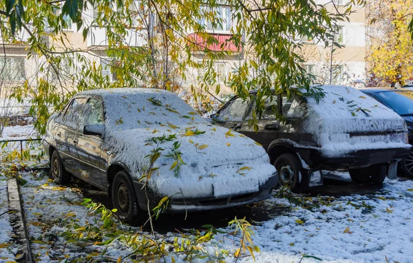 Passenger Sedan Parked Parking Lot Covered Snow Branches Severe Snowstorm — Stock Photo, Image