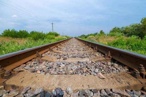 Industrial Landscape Railroad Blue Sky Clouds Summer Railway Junction Railway — Stock Photo, Image