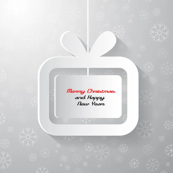 Mutlu Noeller ve mutlu yıllar teması. Gri arka planda kağıttan yapılmış hediye kutusu. Kar taneleriyle birlikte..