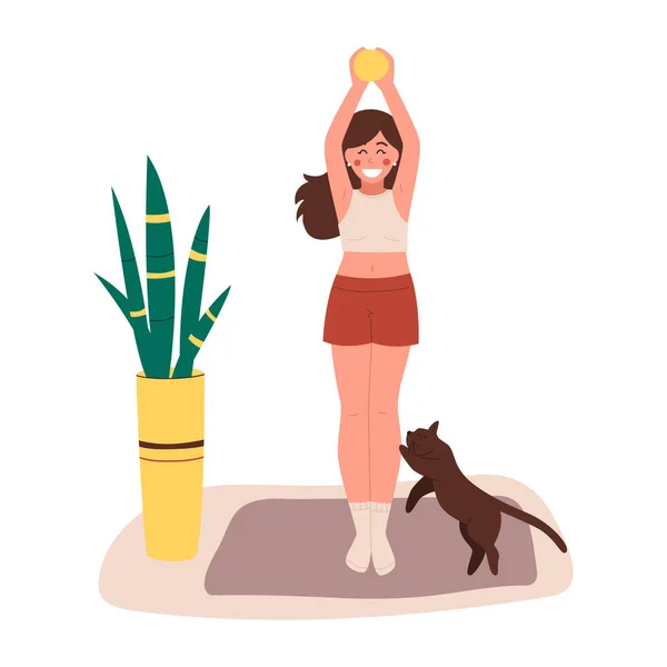 La ragazza è impegnata in aerobica e al mattino esegue la meditazione a casa con animali domestici, con un gatto, un gatto. Pratica fisica e spirituale. Illustrazione vettoriale in stile fumetto piatto — Vettoriale Stock