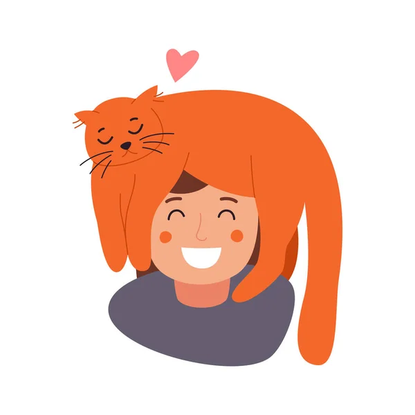 Un gatto che scavalca la testa di un uomo. Una donna con in braccio un gatto carino. illustrazioni di disegno vettoriale stile disegnato a mano — Vettoriale Stock
