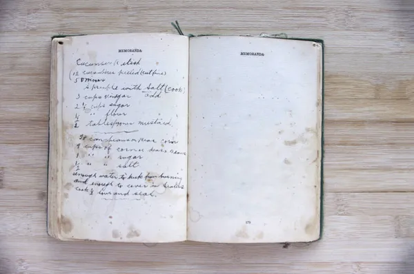 Livro Velho Cozinheiro Antigo Com Receita Escrita Mão Página Branca — Fotografia de Stock