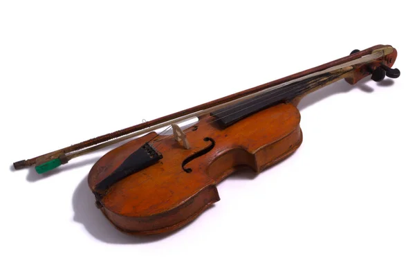 Incomum Vintage Antigo Rústico Violino Caseiro Marrom Com Arco Violino — Fotografia de Stock