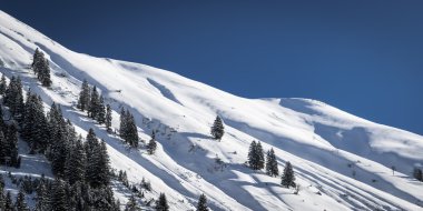 sessiz kış manzara ağaçlar ve gökyüzü ile Avusturya dağ