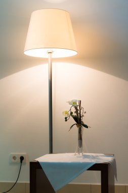 Tablo çiçekli duvar önünde ışıklı lamba