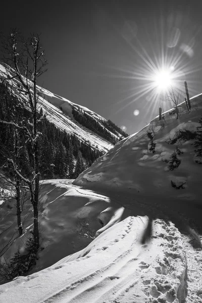 Sunny winter day at austrians mountains with ski tracks in snow — Stock Photo, Image