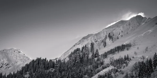 Снежные горы в австрийском тироле с порохом, дующим на гребень — стоковое фото