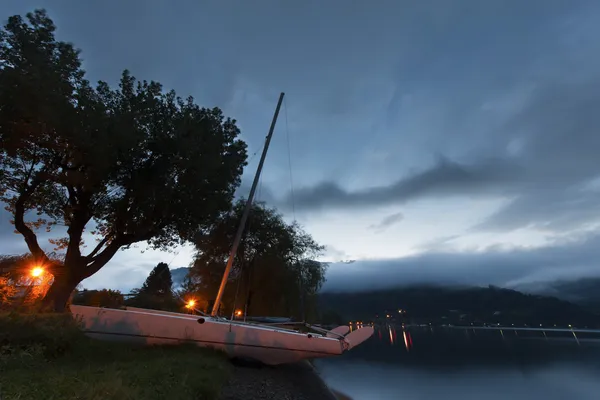 Catamaran staande op waterside op ochtend naast boom — Stockfoto