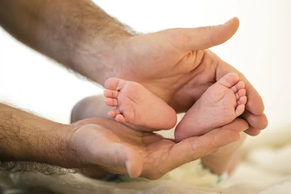 Pai segura com as mãos os pés do bebê pequeno com os dedos dos pés espalhados — Fotografia de Stock