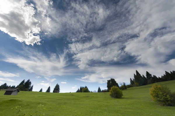 Idyllische berg weiland met wolken en bomen in de herfst — Stockfoto