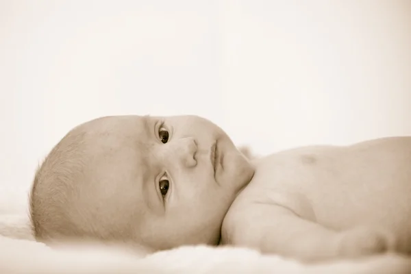 Brown eyed thoughtful newborn baby lies on back — Stock Photo, Image